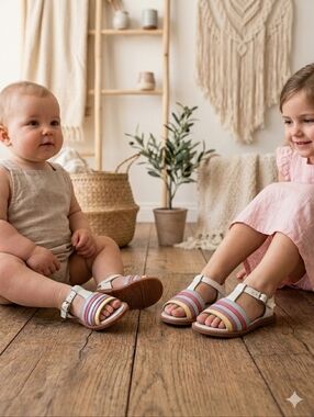Two Pretty Handcrafted Leather Rainbow Sandals Girls - Pastel Multi-Color